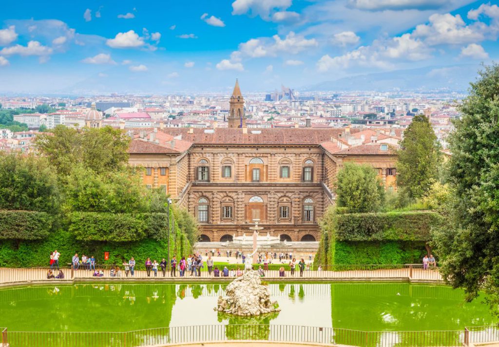 view of Palace of Pitti with garden and skyline of Florence