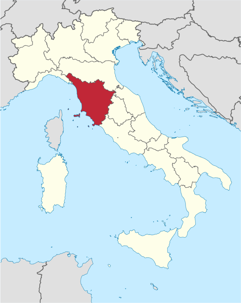 Tuscany region highlighted in Italy