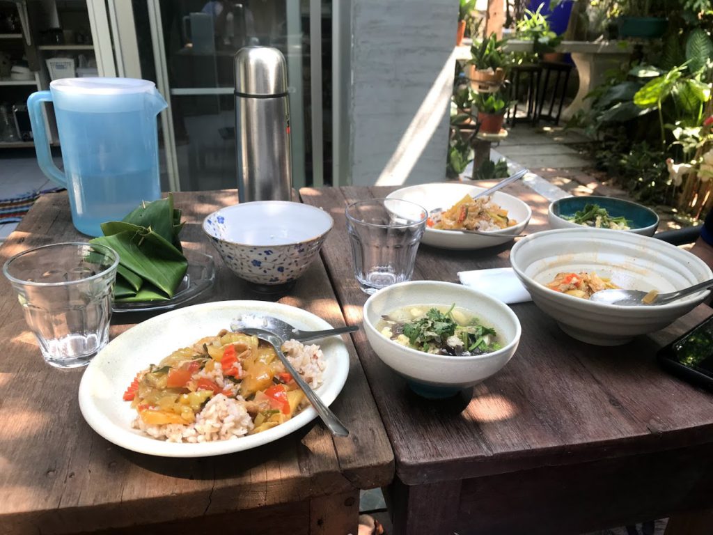 Breakfast at Airbnb – Rice, vegetables, soup and dessert