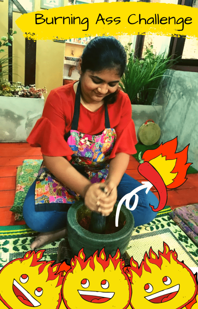 Thai cooking class, pounding the curry