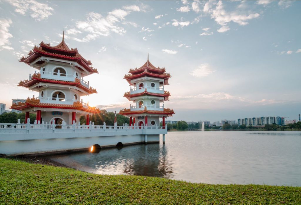 Sunset at Singapore Chinese Garden, a public park in Jurong East, Singapore.