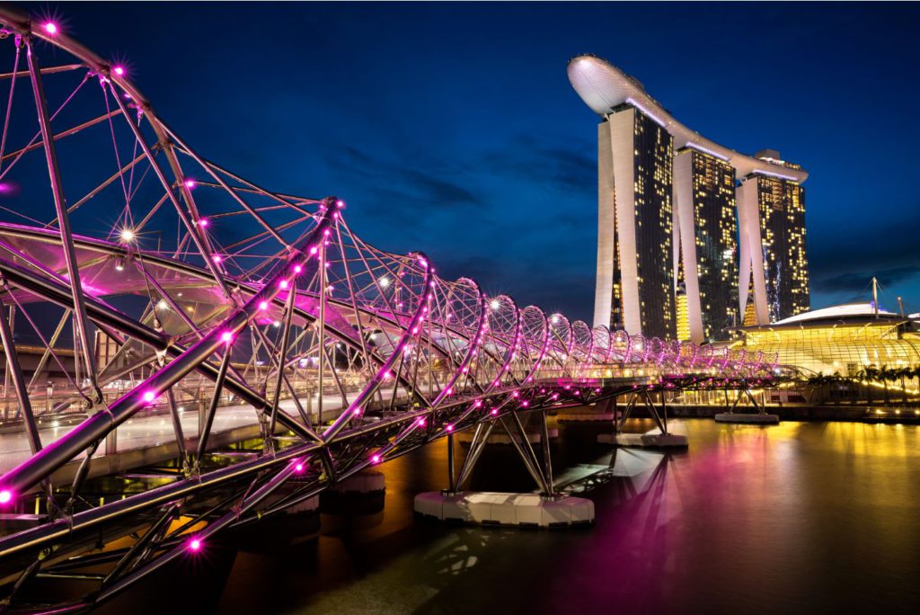The helix bridge by night, Marina bay, Singapore