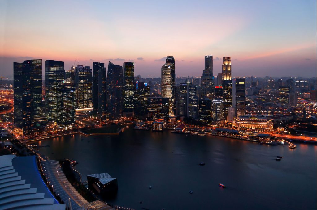 Skyscrapers at Marina Bay. Panorama view.