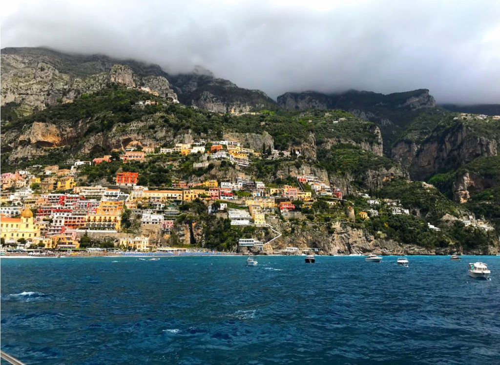 View of Positano from the sea on the Amalfi coast