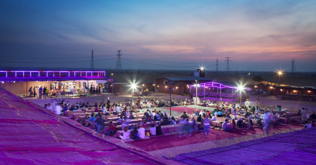 A view of the traditional Dubai camps in the evening for entertainment