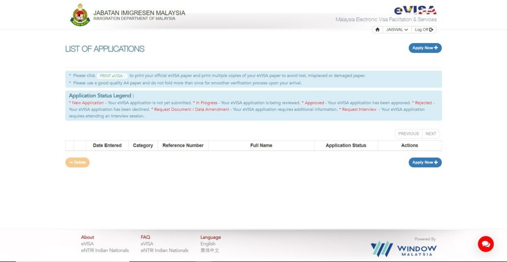 click on the ‘Apply new option’, malaysia visa for Indians