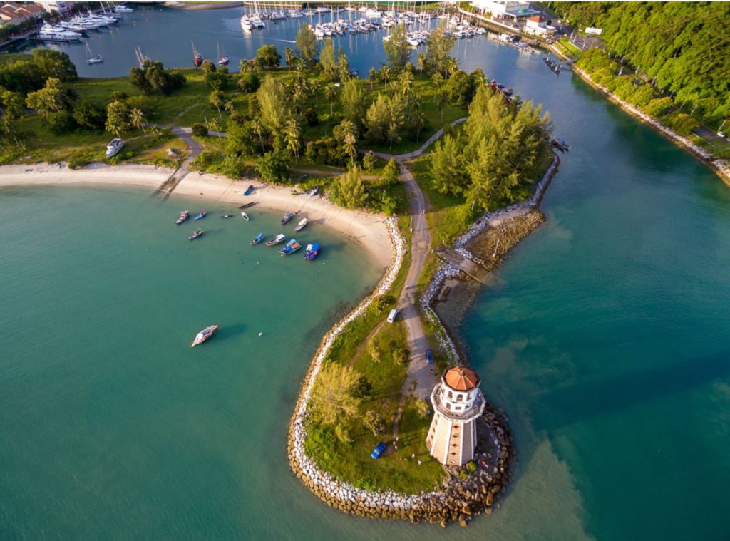 Aerial view of Langkawi lighthouse and harbor