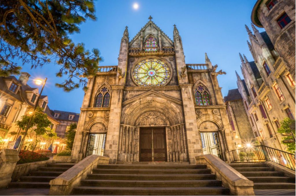 Cathedral in French Village at the main Square, Ba Na Hills