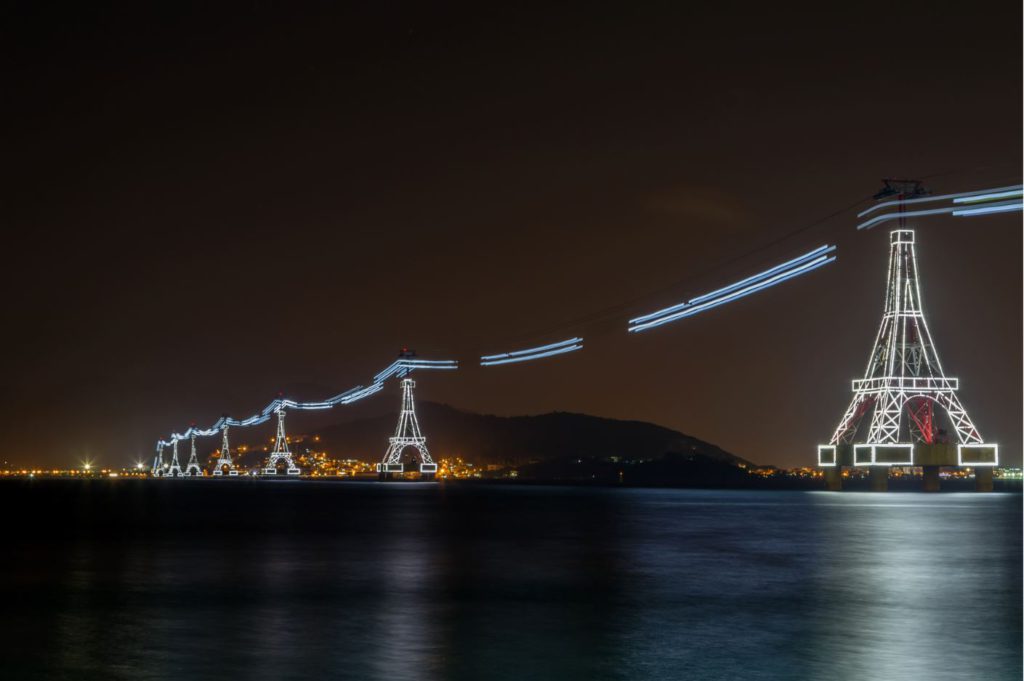 Vinpearl Cable Car lit up at night