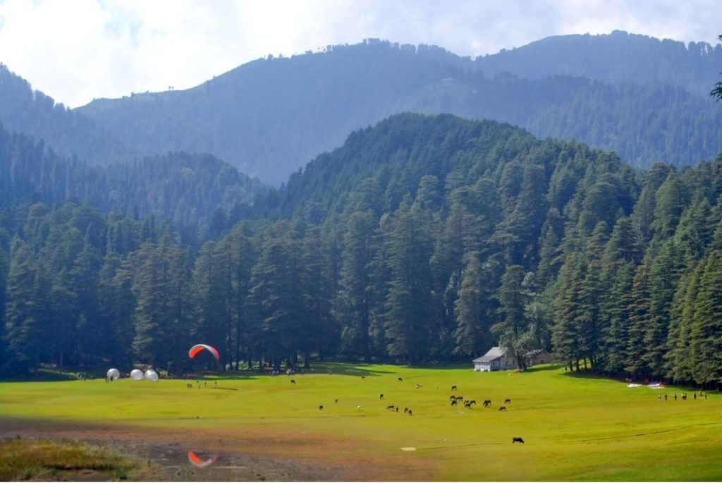 Khajjiar Meadow with people enjoying adventure sports