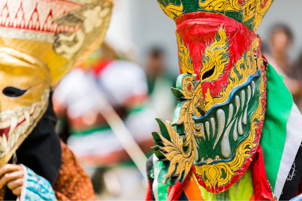 Masks made out of bamboo and painted in bright colours