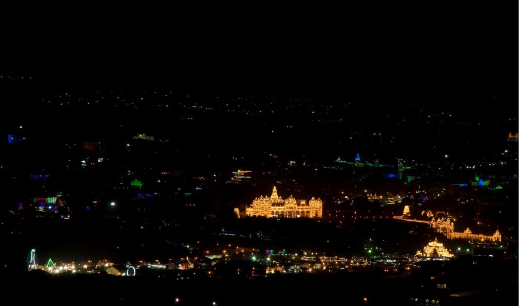 Aerial view of Mysore lit up during Dasara from Chamundi Hills