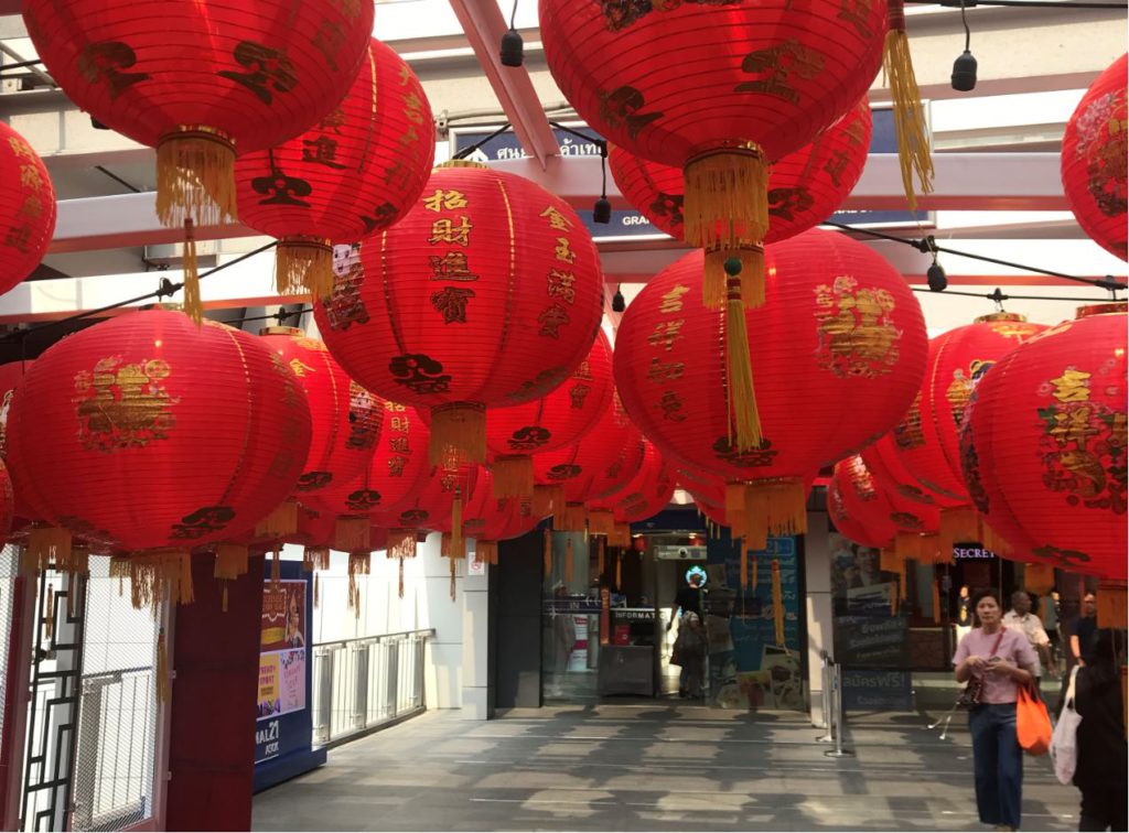 Streets and buildings decorated for Chinese New Year in Bangkok