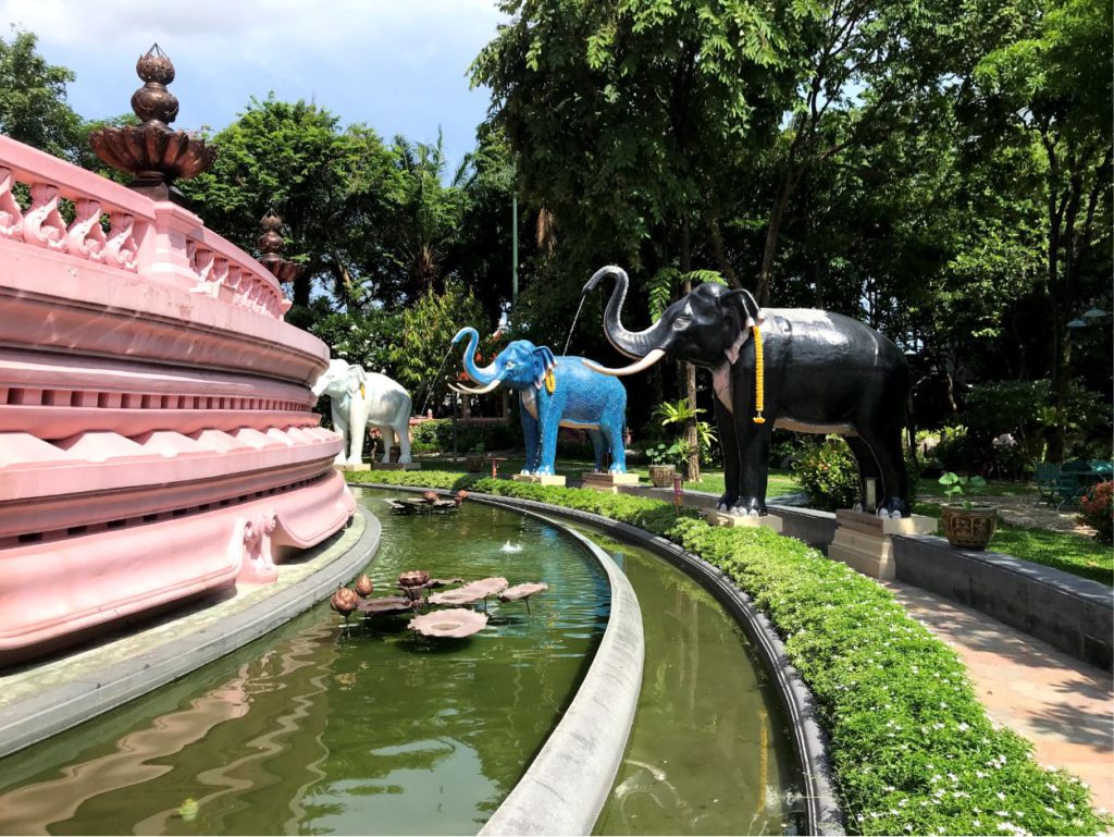 Garden with rows of elephants outside the main museum, Erawan museum