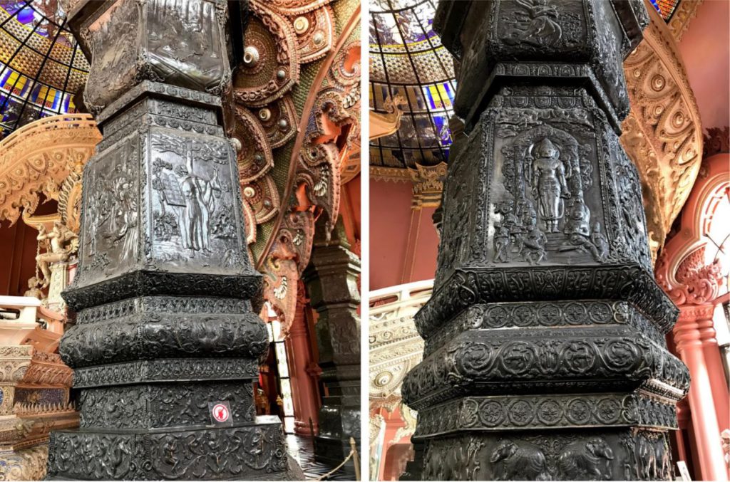 Metal Pillars depicting stories from Christian and Hindu mythology, Erawan museum