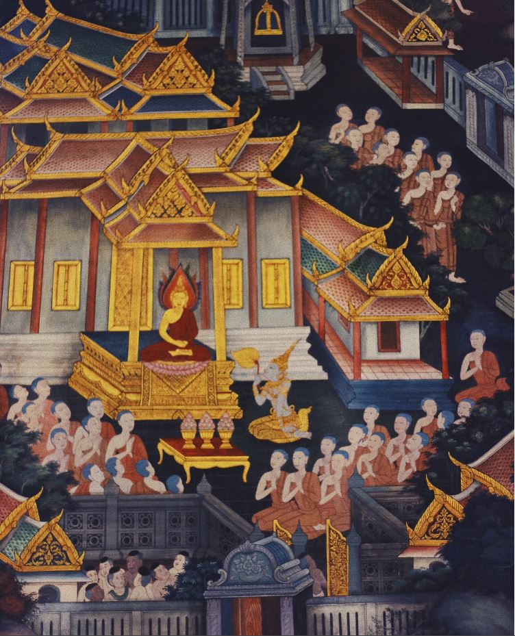 Murals of Buddha teaching inside Wat Pho