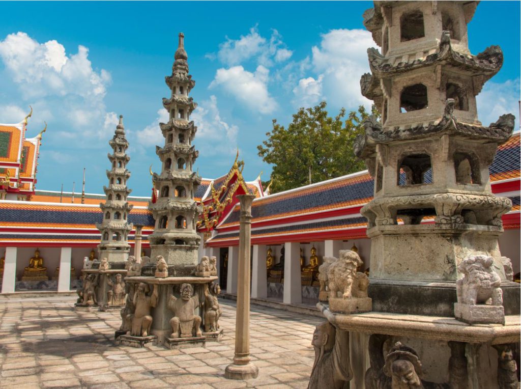 Structures of Chinese Pagoda held by soldiers inside Wat Pho courtyard