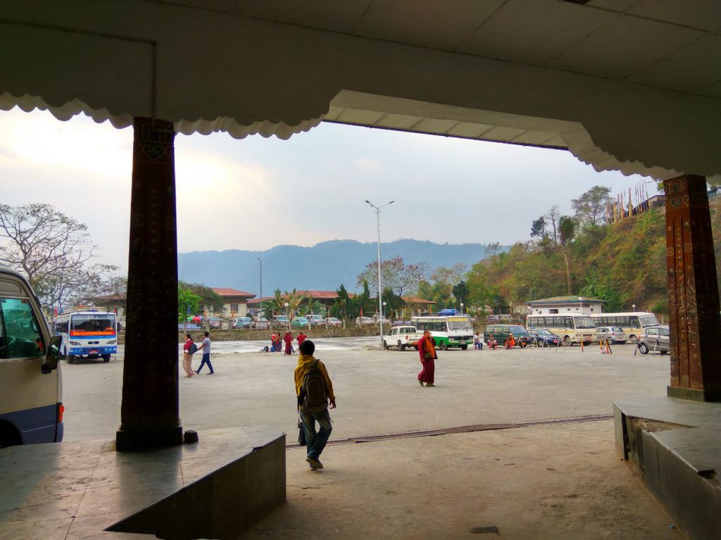 Waiting for a bus at Phuentsholing bus station to Thimphu