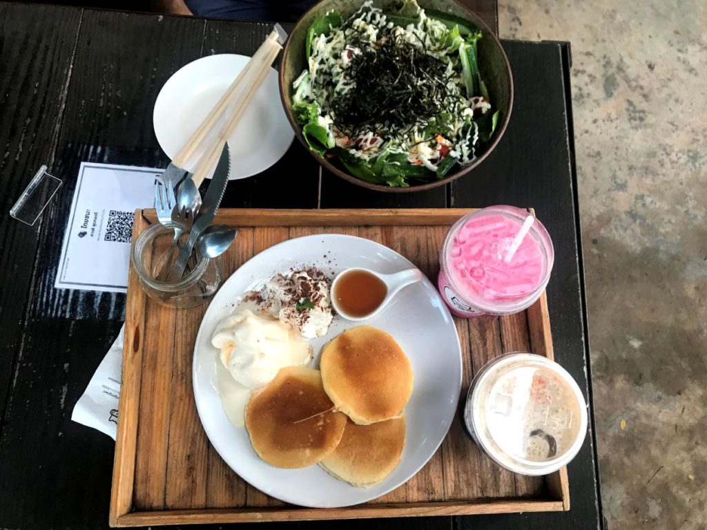 Fresh Pancakes and Japanese Salad at a cafe, Nan