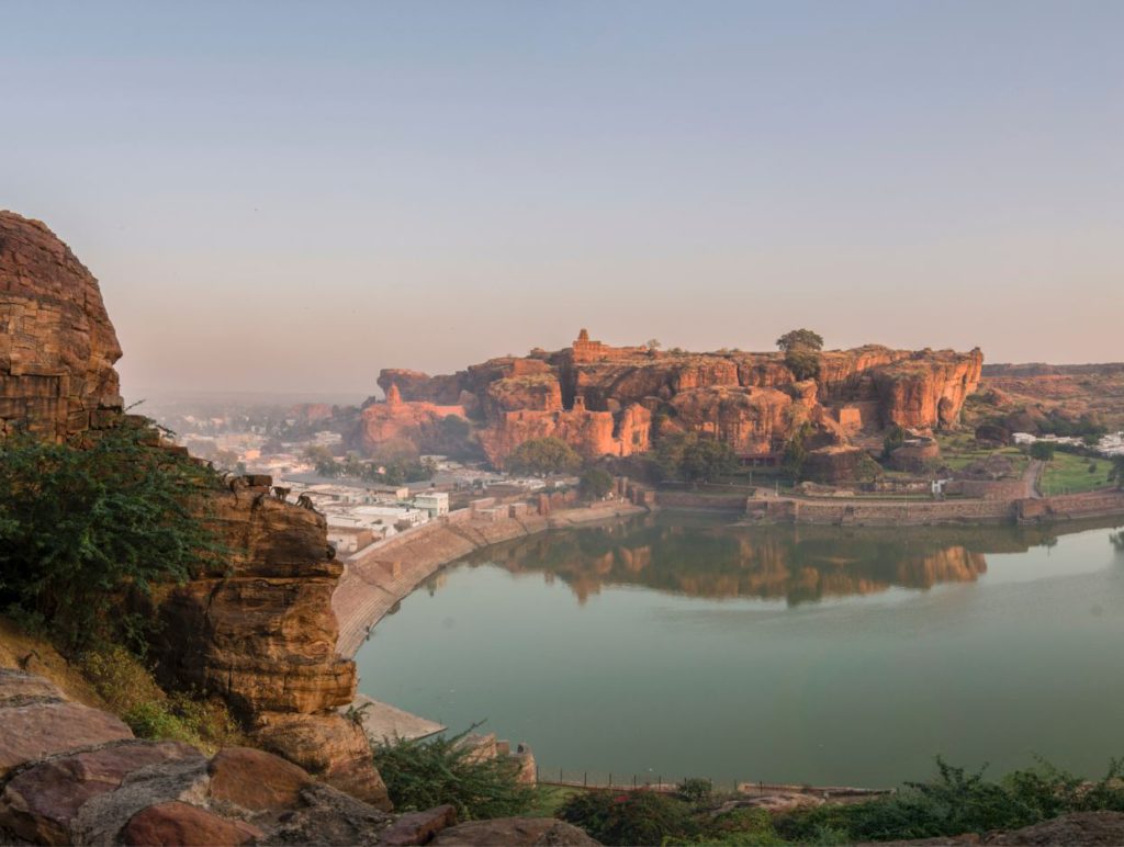 Aerial view of Agasthya Lake in Badami