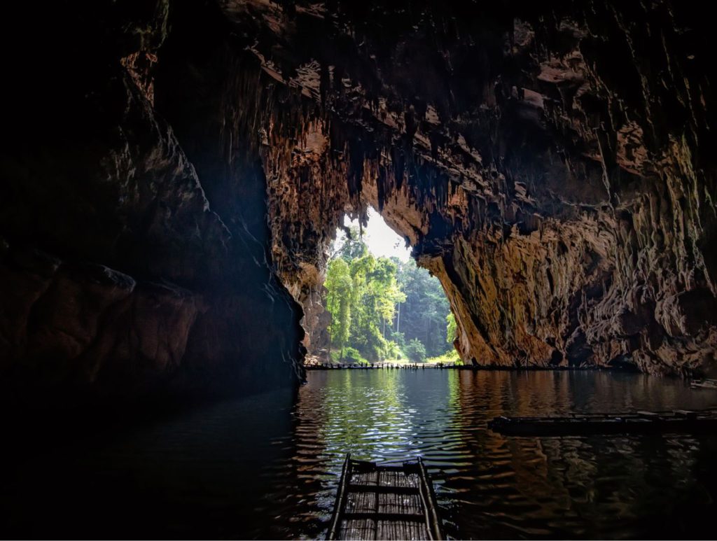 Rafting across the other end of the caves, Tham Lod caves