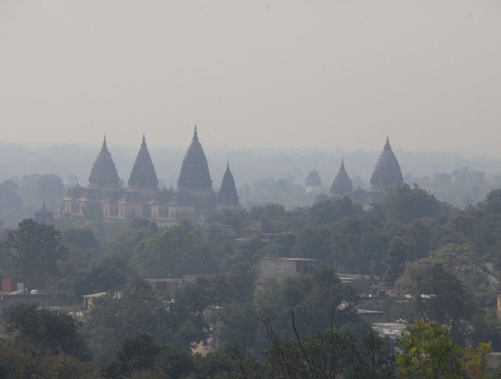The skyline of Orchha with the spires of Chaturbhuj temple
