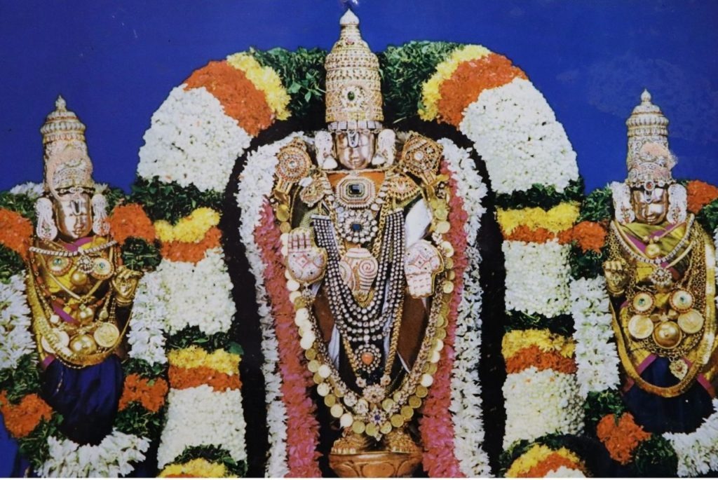 A photo of Lord Ventakeshwara and his two consorts