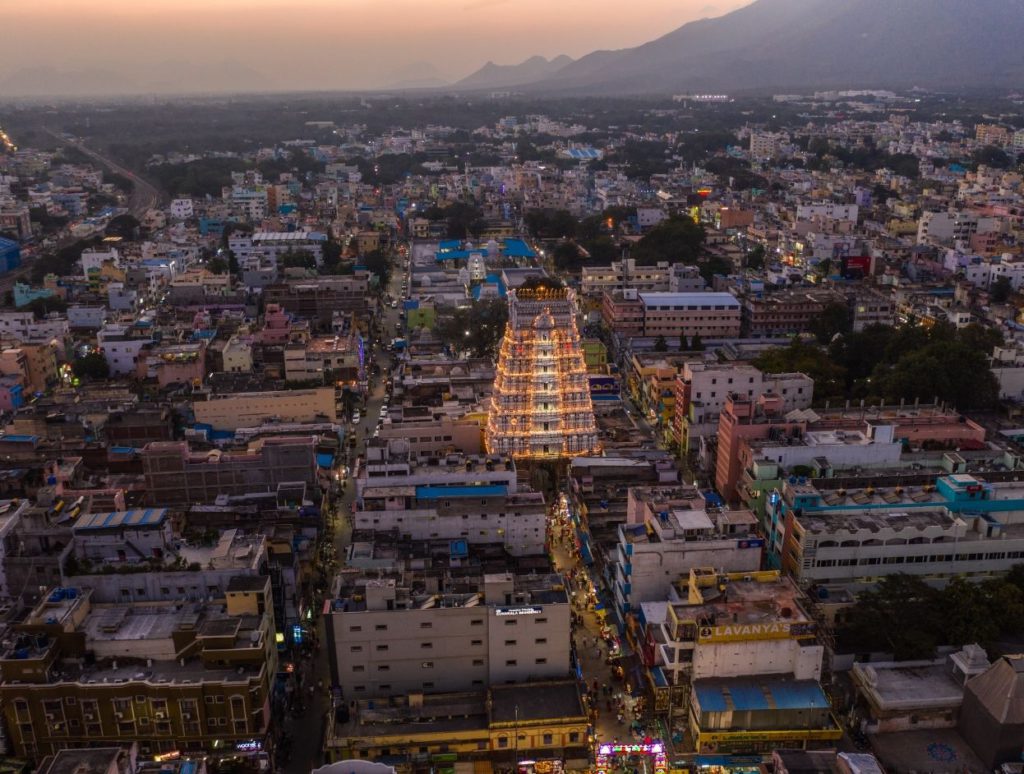 Aerial view of Sri Govindarajaswamy temple in evening