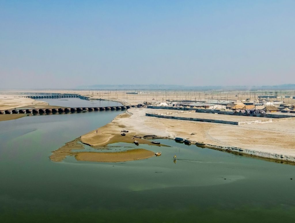 A shrunken river during summers in Prayagraj