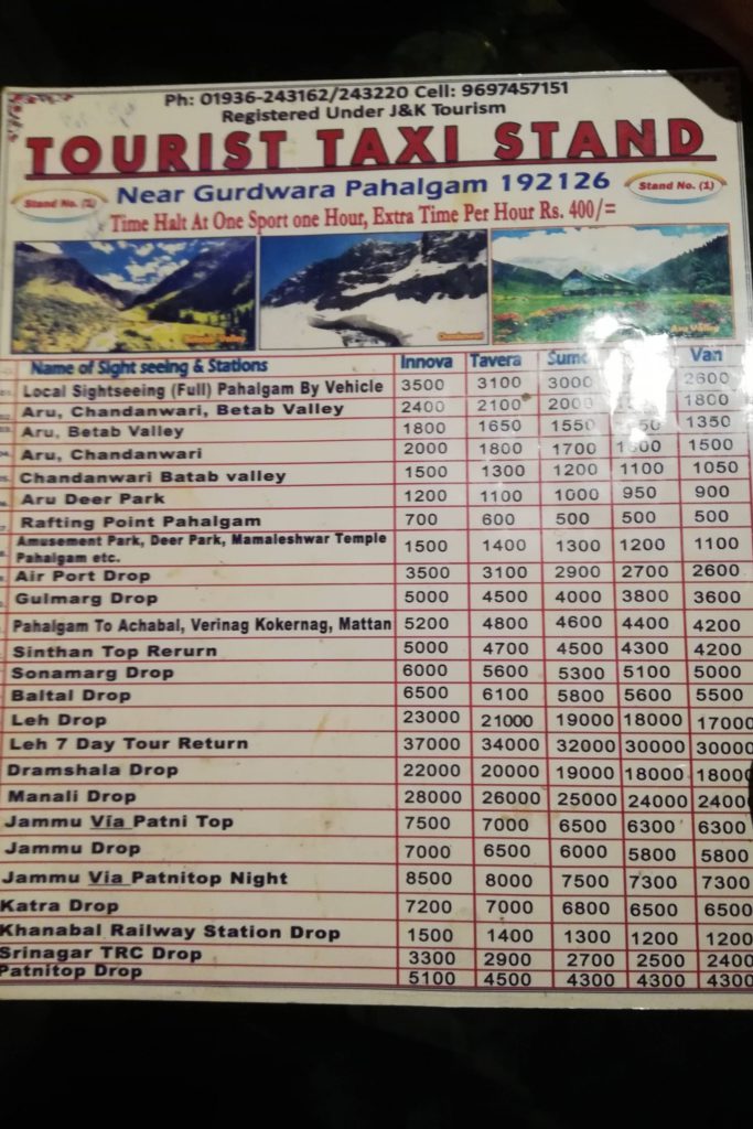 Taxi stand rates in Pahalgam