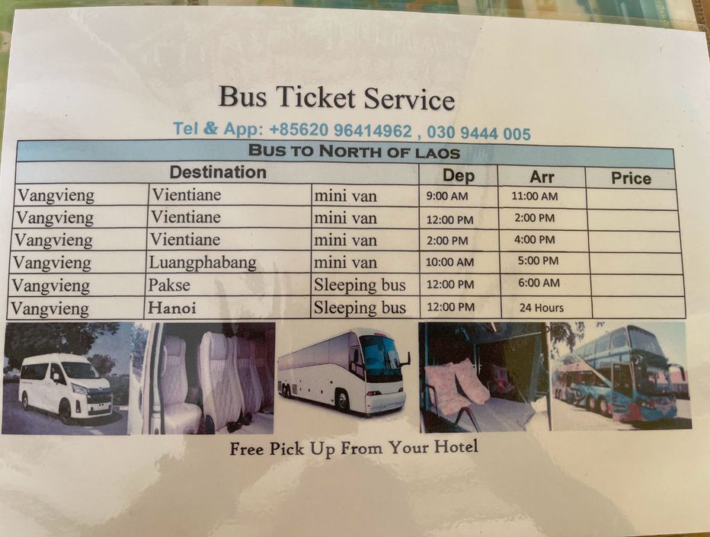 Bus timetables at tour operators in Vang Vieng