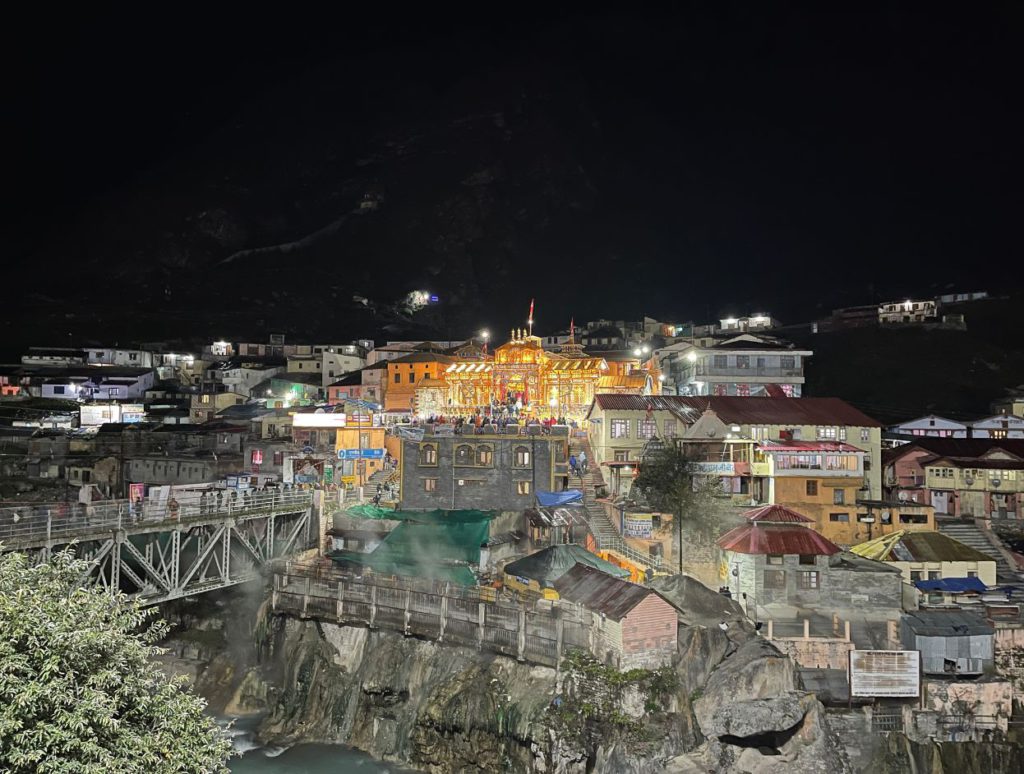 Badrinath Temple decorated at night