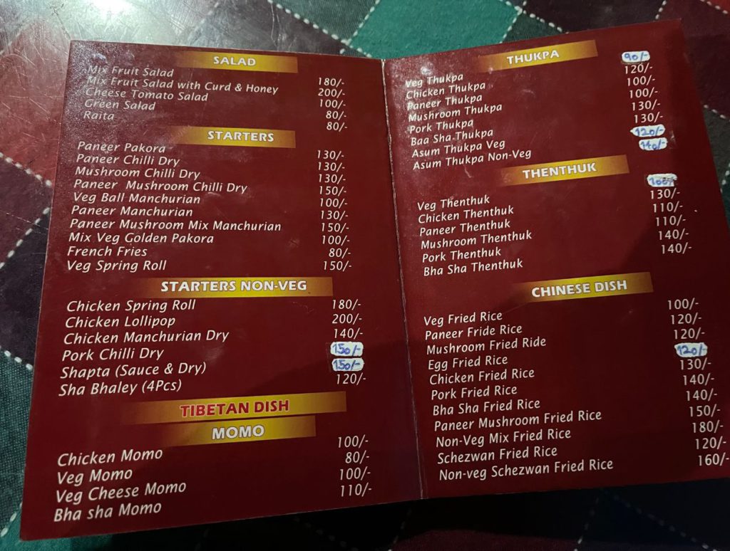 Menu from a restaurant in Tawang