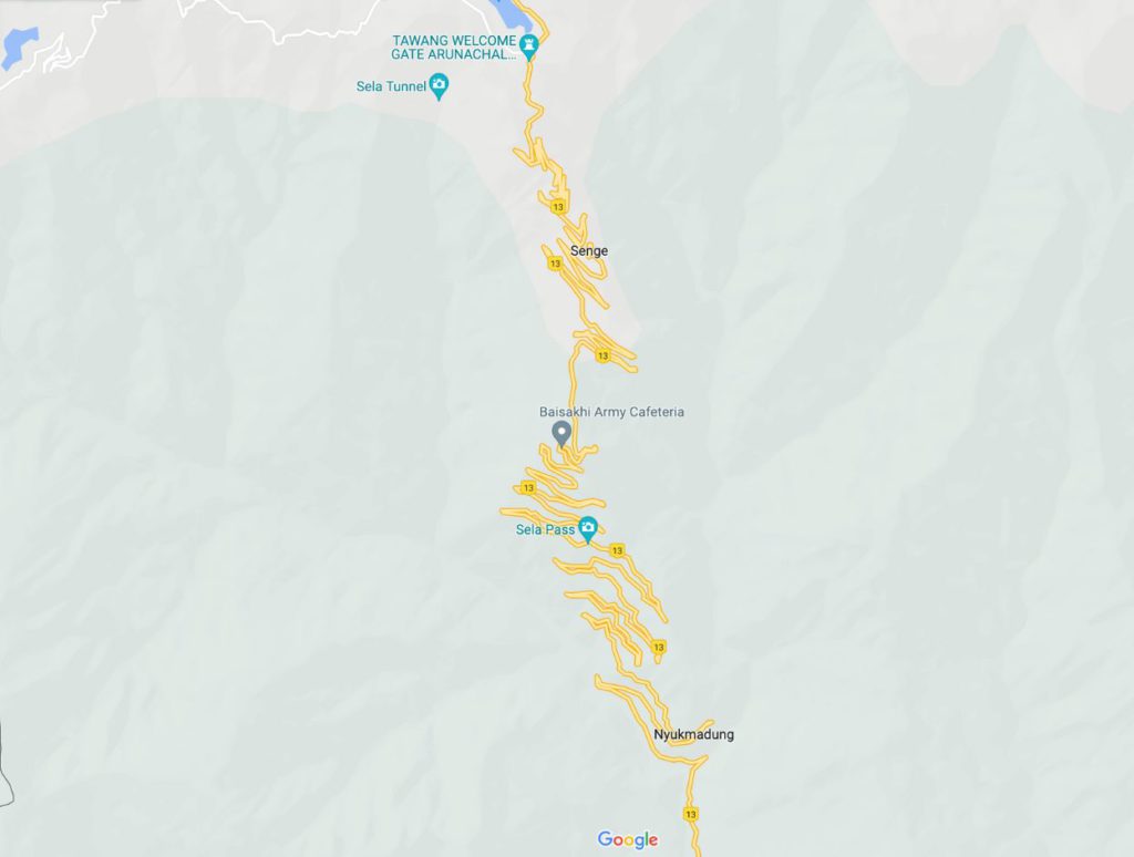 Roads to Tawang on Google Maps