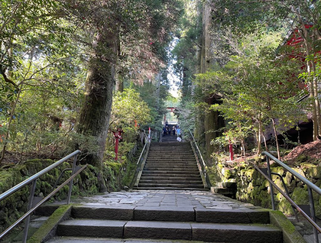 Climbing stairs to the shrine inside the forest