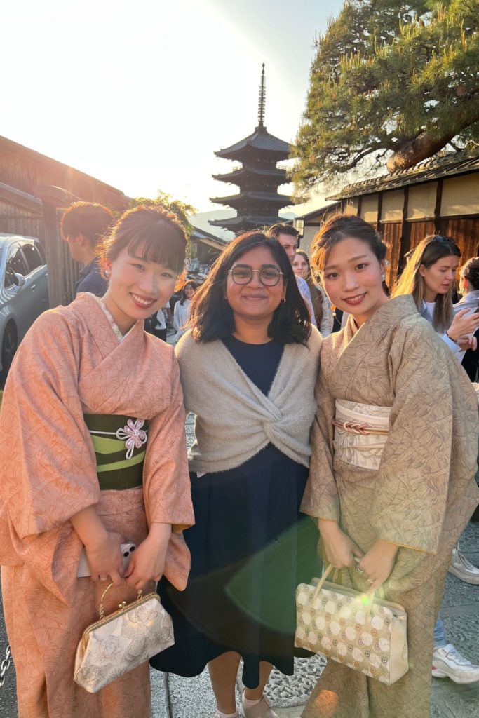 Taking a photo with lovely ladies dresses in kimono