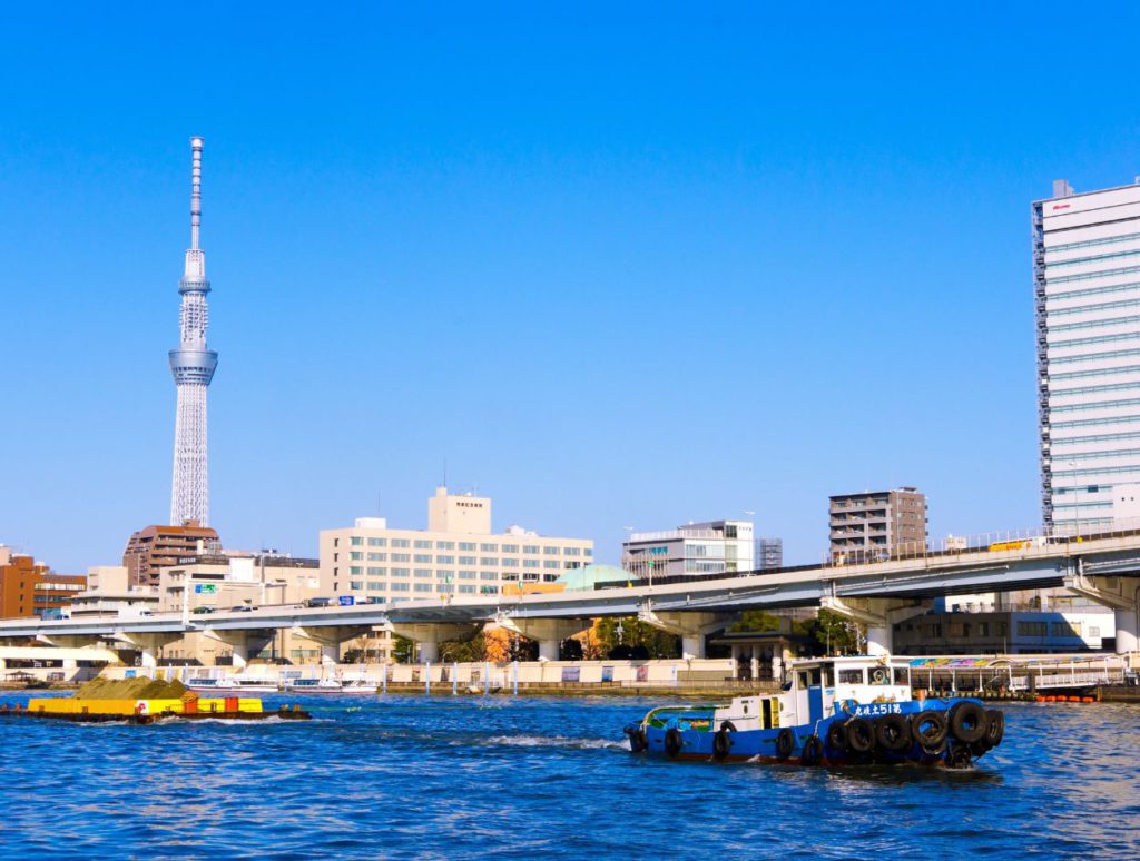 Taking a water taxi on the Sumida river