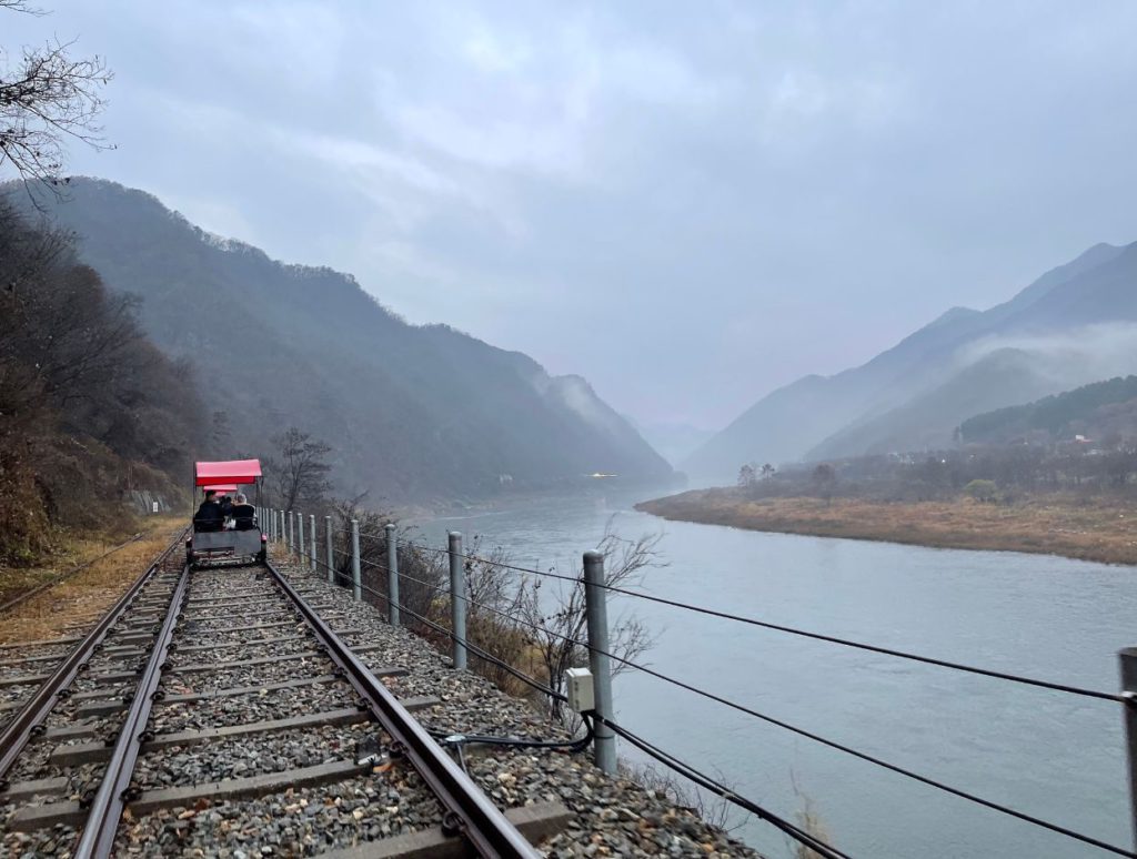 Rail bike traversing through the Korean countryside